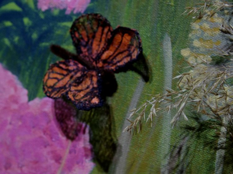 Kathy Harrison Monarchs and Milkweed 36x48 inches Mixed Media (Detail)