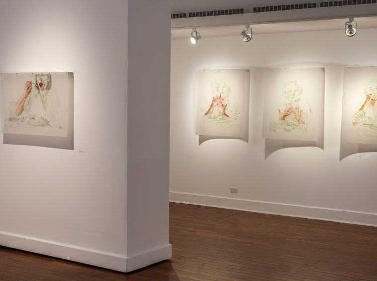Lisa Wood, The Dinner Parties Series, Installation Image 1. 
L - R: Eating: Meera Singh, 2020; Hand to Chest: Lin Xu, Meera Singh; Hands to Chest: Ayumi Goto, Claire Tallarico; Hand to Mouth: Lin Xu, Meera Singh, Oil paint and Coloured pencil on Drafting Film, 2021. Photograph by Doug Derksen