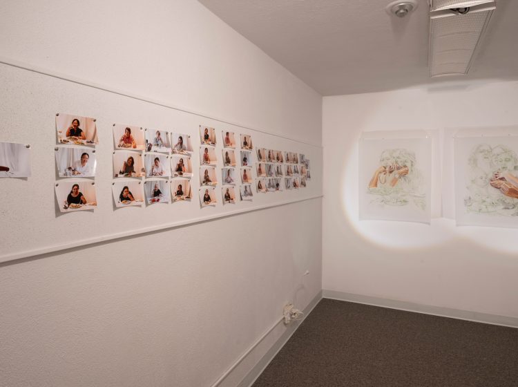 Lisa Wood, The Dinner Parties Series, Installation Image 5.  Photographic Installation, Two mixed-media drawings on drafting film.  Photograph by Doug Derksen