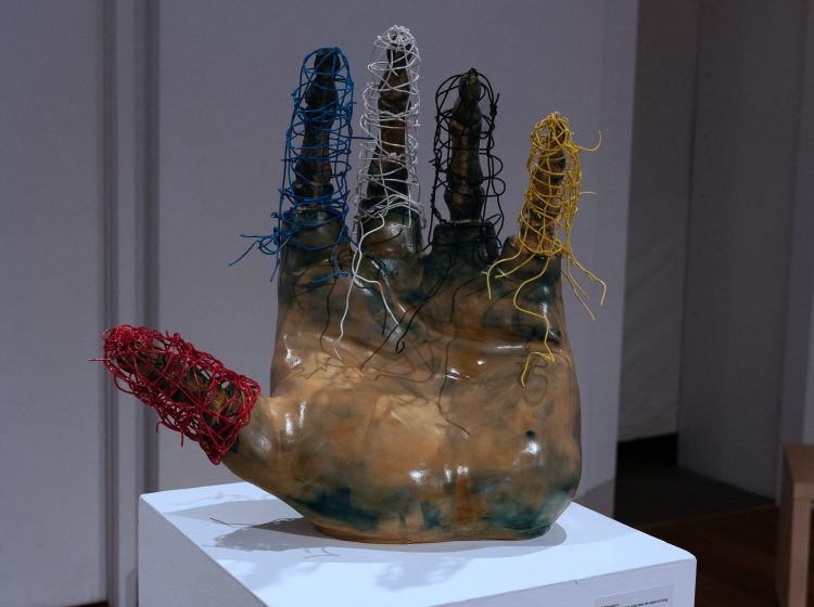 Nightengale II, did they say machines outta take the place of living, Earthenware, electric fired to 955┬░c, cyanotype, found wire, rustoleum finish, 2025_2026, 22_x21_x10_, Angled Front View