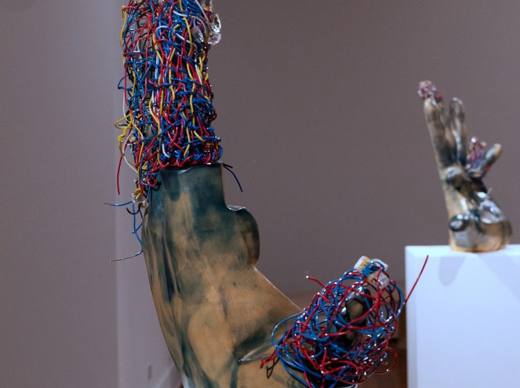 Nightengale III, diamonds, rubies, and sapphires, Earthenware, electric fired to 955┬░c, cyanotype, found wire, rustoleum finish, 2025_2026, 23_x23_x8_, Left side View