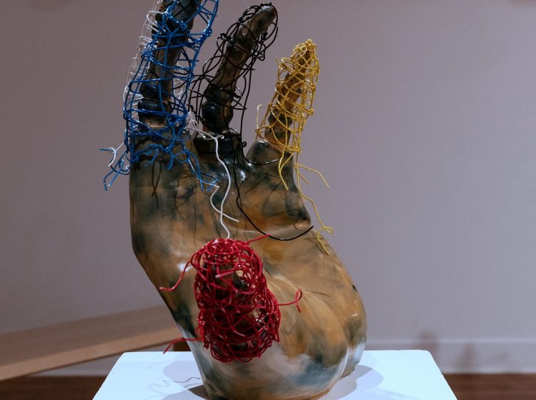 Nightengale II, did they say machines outta take the place of living, Earthenware, electric fired to 955┬░c, cyanotype, found wire, rustoleum finish, 2025_2026, 22_x21_x10_, Left Side View