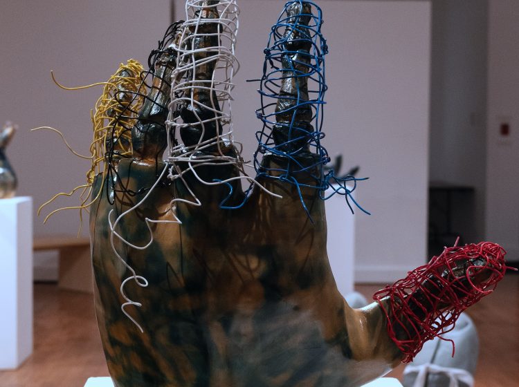 Nightengale II, did they say machines outta take the place of living, Earthenware, electric fired to 955┬░c, cyanotype, found wire, rustoleum finish, 2025_2026, 22_x21_x10_, Back View