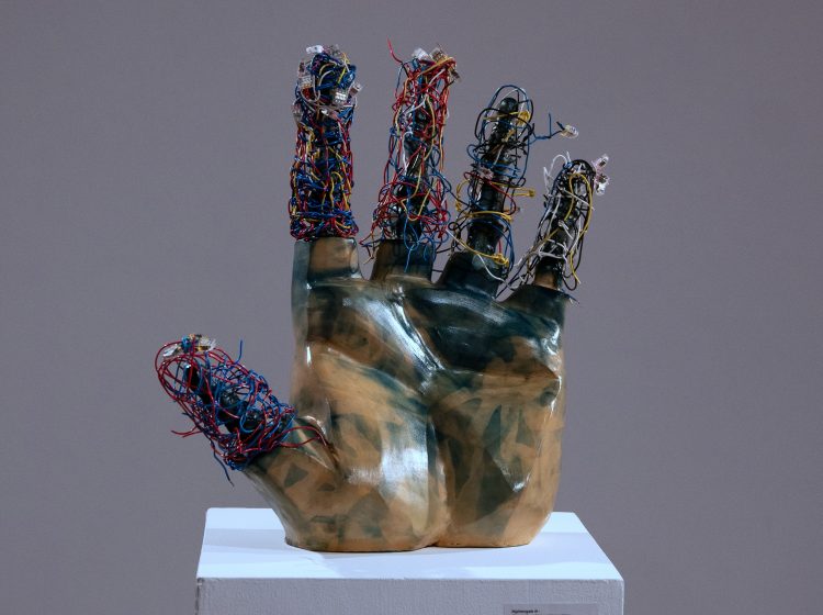 Nightengale III, diamonds, rubies, and sapphires, Earthenware, electric fired to 955┬░c, cyanotype, found wire, rustoleum finish, 2025_2026, 23_x23_x8_, Front Distance View