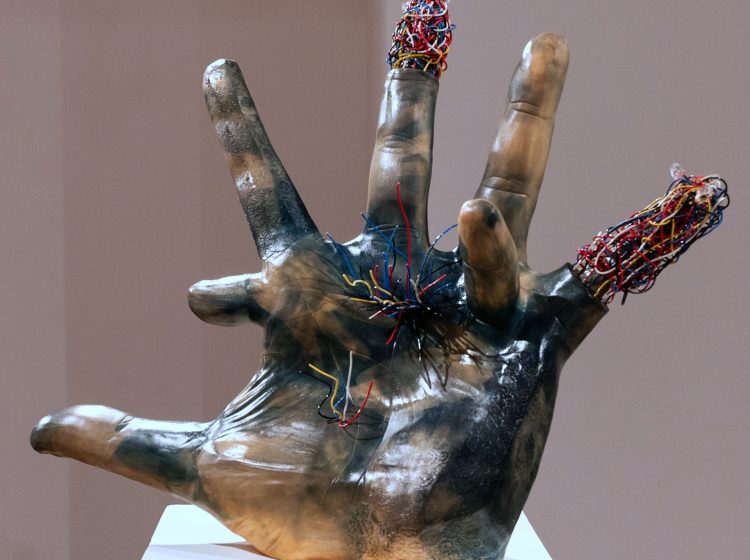 Nightengale IV, do engines get rewarded for their steam, Earthenware, electric fired to 955┬░c, cyanotype, found wire, rustoleum finish, 2025_2026, 26_x34_14_, Front View