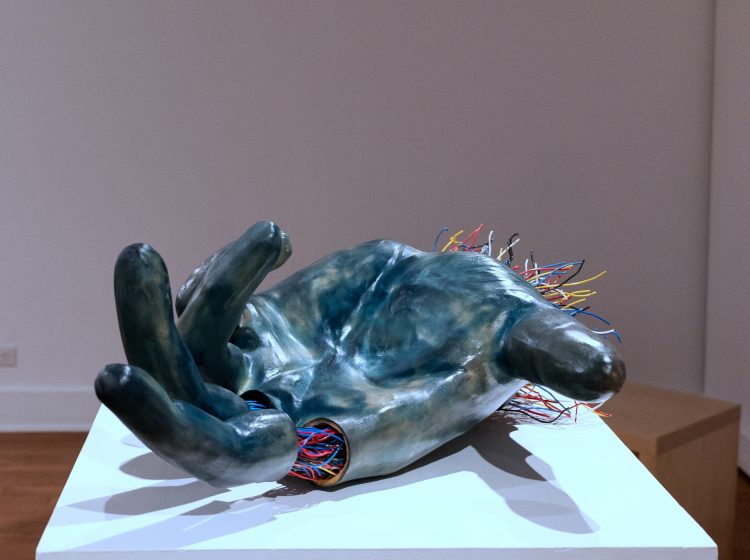 Nightengale V, less competent and confident, Earthenware, electric fired to 955┬░c, cyanotype, found wire, rustoleum finish, 2025_2026, 11.5_x32_x22_, right side View