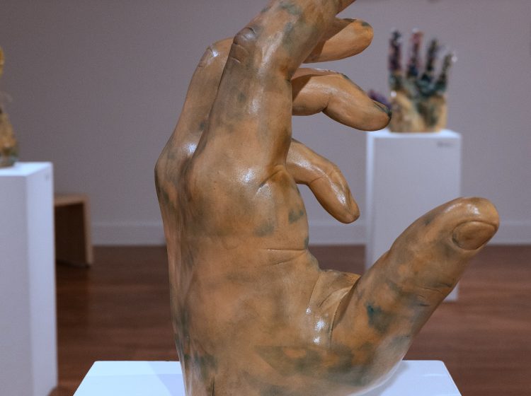 Nightengale I, Sang so sweetly, Earthenware, electric fired to 955┬░c, cyanotype, rustoleum finish, 2025_2026, 20_x18_x9.5_, Left Side View