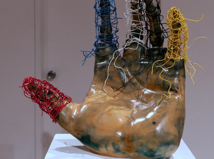 Nightengale II, did they say machines outta take the place of living, Earthenware, electric fired to 955┬░c, cyanotype, found wire, rustoleum finish, 2025_2026, 22_x21_x10_, Front View