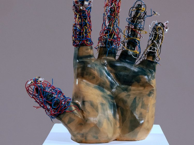 Nightengale III, diamonds, rubies, and sapphires, Earthenware, electric fired to 955┬░c, cyanotype, found wire, rustoleum finish, 2025_2026, 23_x23_x8_, Front View