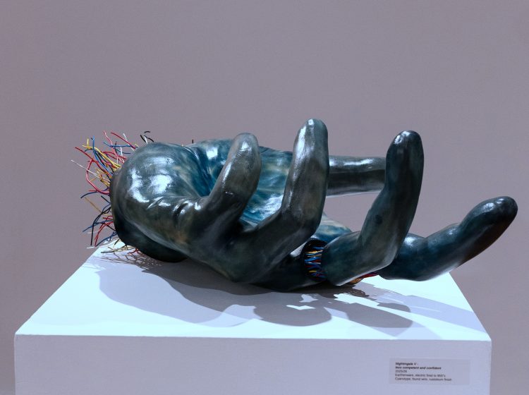 Nightengale V, less competent and confident, Earthenware, electric fired to 955┬░c, cyanotype, found wire, rustoleum finish, 2025_2026, 11.5_x32_x22_, Front View