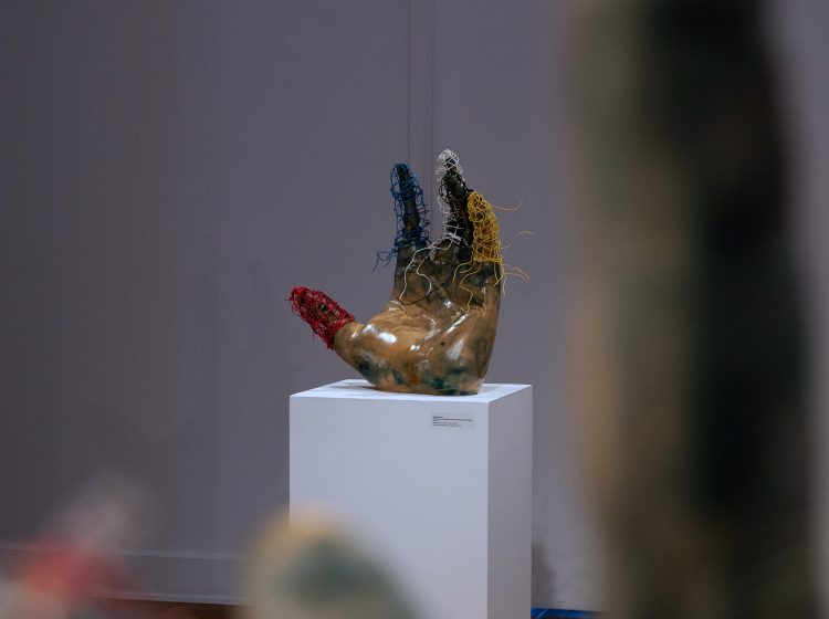 Nightengale II, did they say machines outta take the place of living, Earthenware, electric fired to 955┬░c, cyanotype, found wire, rustoleum finish, 2025_2026, 22_x21_x10_, Distance View