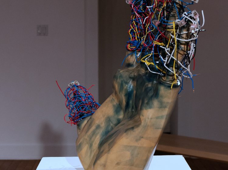 Nightengale III, diamonds, rubies, and sapphires, Earthenware, electric fired to 955┬░c, cyanotype, found wire, rustoleum finish, 2025_2026, 23_x23_x8_, Right side View