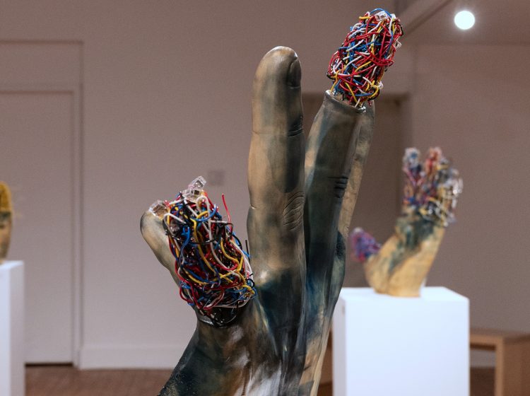 Nightengale IV, do engines get rewarded for their steam, Earthenware, electric fired to 955┬░c, cyanotype, found wire, rustoleum finish, 2025_2026, 26_x34_14_, Right side View