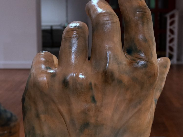 Nightengale I, Sang so sweetly, Earthenware, electric fired to 955┬░c, cyanotype, rustoleum finish, 2025_2026, 20_x18_x9.5_, Back View