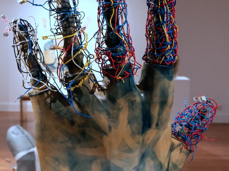 Nightengale III, diamonds, rubies, and sapphires, Earthenware, electric fired to 955┬░c, cyanotype, found wire, rustoleum finish, 2025_2026, 23_x23_x8_, Back View