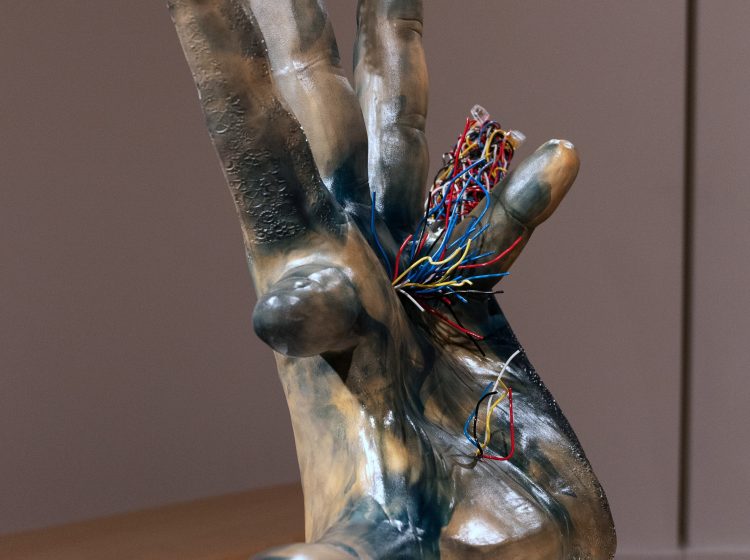 Nightengale IV, do engines get rewarded for their steam, Earthenware, electric fired to 955┬░c, cyanotype, found wire, rustoleum finish, 2025_2026, 26_x34_14_, Left side View