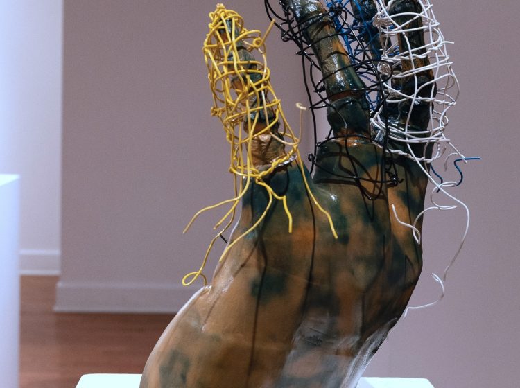 Nightengale II, did they say machines outta take the place of living, Earthenware, electric fired to 955┬░c, cyanotype, found wire, rustoleum finish, 2025_2026, 22_x21_x10_, Right side View